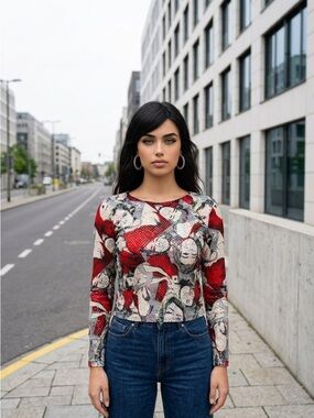 Mechant Red and Cream Abstract Print Long-Sleeve Top